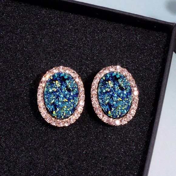 Round Stud Blue Multi Colored Stone with Halo - Picture 4 of 6